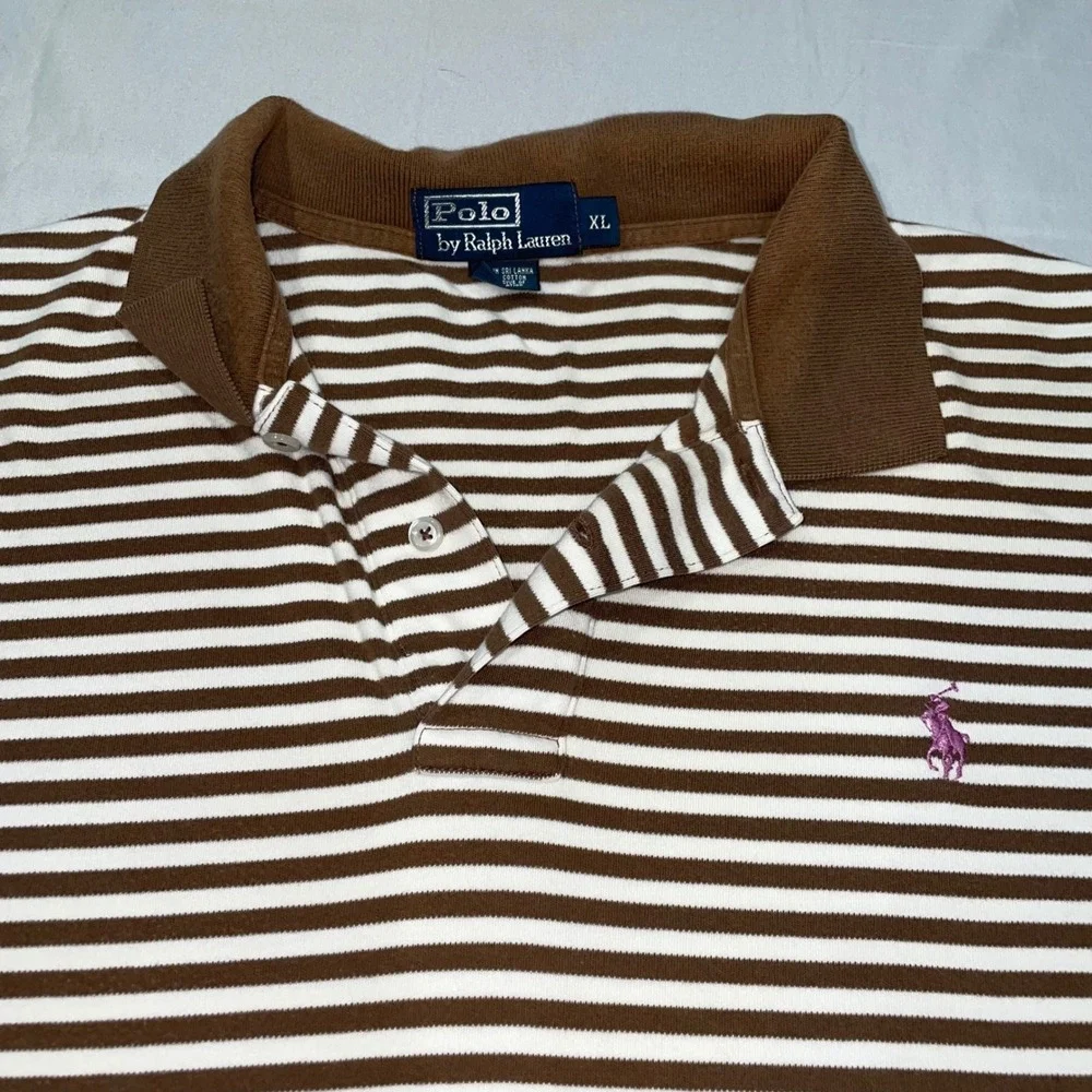 Polo Ralph Lauren Mens XL Brown White Striped Short Sleeve Cotton Polo Shirt